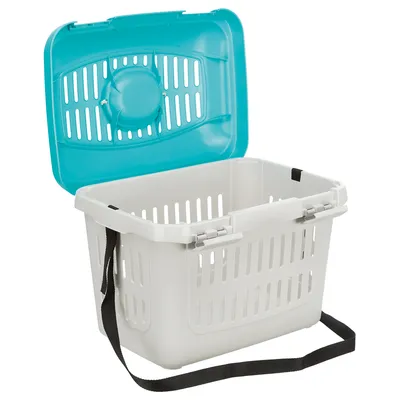 Plastic transport box with ventilation slots, turquoise lid, black carrying strap and white base. Lid open, suitable for safe transport.