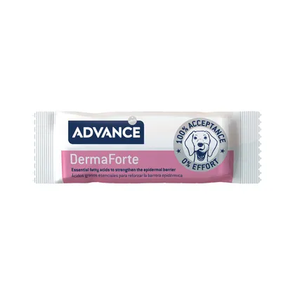 ADVANCE DermaForte, Essential fatty acids to strengthen the epidermal barrier, 100% Acceptance 0% Effort. Teksti myös espanjaksi: Ácidos grasos esenciales para reforzar la barrera epidérmica.