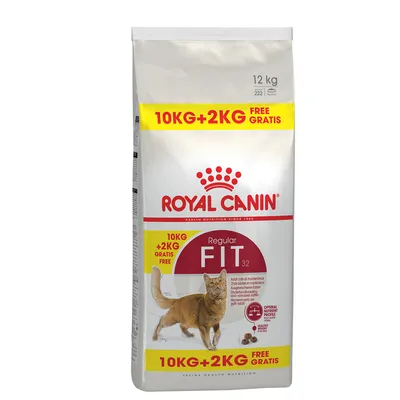 Royal Canin Regular Fit 32, 12 kg bag with cat image. Visible text: 10kg + 2kg free gratis. Adult cats in maintenance. Optimal nutrient profile. Feline health nutrition.