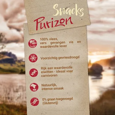 Purizon Snacks: 100% vlees, vers gevangen vis en lever, voorzichtig gevriesdroogd, rijk aan eiwitten, natuurlijke smaak, 0% graan toegevoegd (glutenvrij).