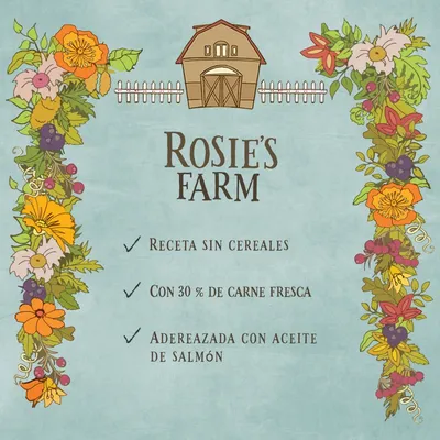 ROSIE'S FARM. Receta sin cereales. Con 30 % de carne fresca. Aderezada con aceite de salmón.