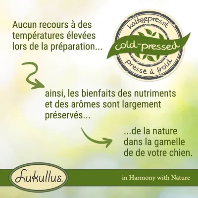Texte : Aucun recours à des températures élevées lors de la préparation, ainsi les bienfaits des nutriments et des arômes sont largement préservés, Lukullus, pressé à froid, cold-pressed.