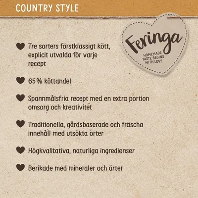 Feringa. Tre sorters förstklassigt kött, 65 % köttandel, spannmålsfria recept, traditionella och gårdsbaserade ingredienser, högkvalitativa naturliga ingredienser, berikade med mineraler och örter.