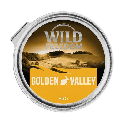 Wild Freedom Golden Valley, 85 g. Afbeelding van een landschap en een konijnpictogram op de verpakking.