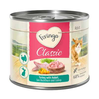 Boîte Feringa Classic pour chat adulte, dinde avec lapin, argousier et cataire. Recette sans céréales, 68 % ingrédients animaux sélectionnés. Texte en anglais sur l’étiquette.