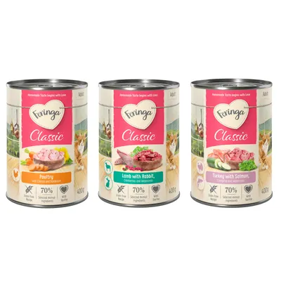 Drie blikken Feringa Classic: Gevogelte met wortelen en paardenbloem, Lam met konijn met veenbessen en waterkers, Kalkoen met zalm met courgette en waterkers, elk 400 g. Drie blikken Feringa Classic: Gevogelte met wortelen en paardenbloem, Lam met konijn met veenbessen en waterkers, Kalkoen met zalm met courgette en waterkers, elk 400 g.