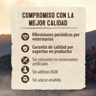 Compromiso con la mejor calidad: revisiones periódicas por veterinarios, garantía de calidad por expertos, sin colorantes ni conservantes artificiales, sin aditivos OGM, sin azúcar añadido.