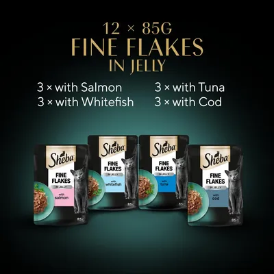 Sheba Fine Flakes in Jelly, 12 x 85g pouches: 3 with salmon, 3 with whitefish, 3 with tuna, 3 with cod. Four pouch images shown for each flavour.