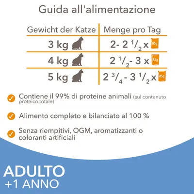 Guida alimentare per gatti: 3 kg 2–2½x85g, 4 kg 2½–3x85g, 5 kg 2¾–3½x85g. 99% proteine animali, alimento completo, senza riempitivi, OGM, aromi o coloranti artificiali. Adulto +1 anno.