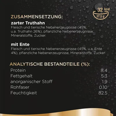 Text în germană: compoziție cu curcan și rață, ingrediente principale, valori nutriționale: proteină 8,4 %, grăsimi 5,3 %, substanțe anorganice 1,9 %, fibre 0,10 %, umiditate 82,5 %. 32 kcal/37,5 g.