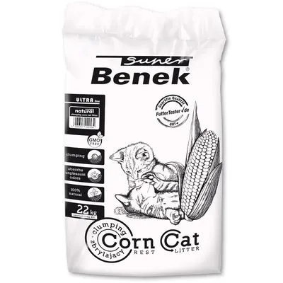 Benek Corn Cat kattenbakvulling, 22 kg, natural, GMO free, klontvormend, absorbeert geuren, 100% natuurlijk. Illustratie van kat en maïskolf op de verpakking.