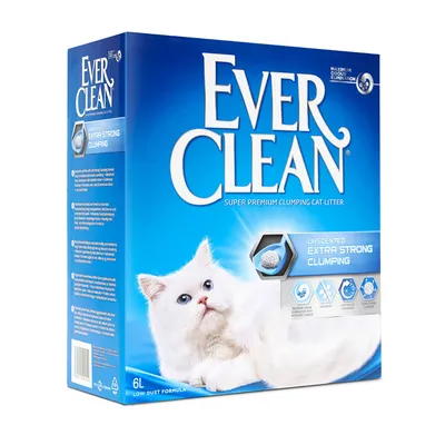 Balení steliva pro kočky Ever Clean Super Premium Clumping Cat Litter, Unscented Extra Strong Clumping, 6 l. Na obalu bílá kočka a piktogramy vlastností.