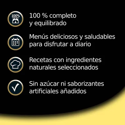 100 % completo y equilibrado. Menús deliciosos y saludables para disfrutar a diario. Recetas con ingredientes naturales seleccionados. Sin azúcar ni saborizantes artificiales añadidos.