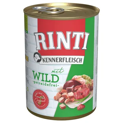 Rinti Kennerfleisch mit Wild getreidefrei, lattina con carne a pezzi e verdure visibili sull'etichetta. Testo in tedesco: Rinti seit 1988 Original.