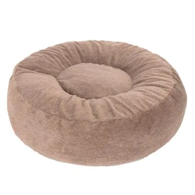 Ronde, beige pluche dierenmand met opstaande rand en zacht kussen in het midden. Materiaal: stof.