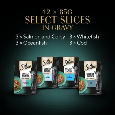 Sheba Select Slices in Gravy, 12 x 85g pouches: 3 Salmon and Coley, 3 Oceanfish, 3 Whitefish, 3 Cod. Image shows four pouch types with flavours listed.