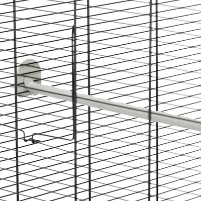 Close-up of a metal perch attached inside a wire cage, showing how the perch is fixed to the side wall for secure placement.