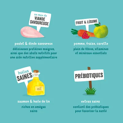 un max de viande savoureuse, poulet & dinde savoureux, fruit & légume pomme fraise carotte, huiles saines saumon & huile de lin, prébiotiques extras sains. Texte en français.