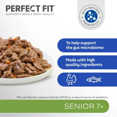 PERFECT FIT supports whole body health, with natural prebiotics. To help support the gut microbiome. Made with high quality ingredients. SENIOR 7+. Kalkun- og fiskeikon synlige.