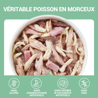 VÉRITABLE POISSON EN MORCEAUX. Sans gluten, sans conservateurs artificiels, sans arômes ni colorants artificiels, sans OGM. Bol de morceaux de poisson visibles.