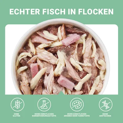 Echter Fisch in Flocken. Ohne Gluten, keine künstlichen Konservierungsstoffe, keine künstlichen Aromen oder Farbstoffe, keine Gentechnik.