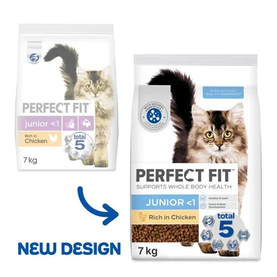 PERFECT FIT Junior <1 Rich in Chicken 7 kg kattefoder, to poser vises: gammel og ny emballage. Tekst: total 5, supports whole body health, made with high quality ingredients.