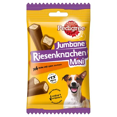 Pedigree Jumbone Riesenknochen Mini, x4 csirke és bárány íz, <5% zsír, mesterséges aromák nélkül, omega-3 és E-vitamin.