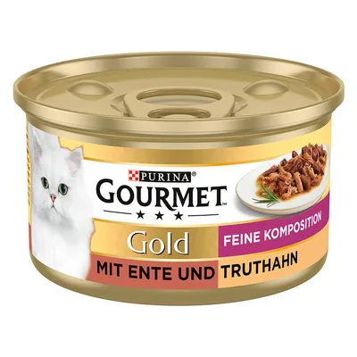 Purina Gourmet Gold Composição Fina com pato e peru, comida húmida para gatos em lata dourada.