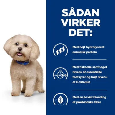 Produktbeskrivelse med tre punkter: hydrolyseret animalsk protein, fiskeolie med essentielle fedtsyrer og E-Vitamin, blanding af præbiotiske fibre. Hund ved siden af. Produktbeskrivelse med tre punkter: hydrolyseret animalsk protein, fiskeolie med essentielle fedtsyrer og E-Vitamin, blanding af præbiotiske fibre. Hund ved siden af.