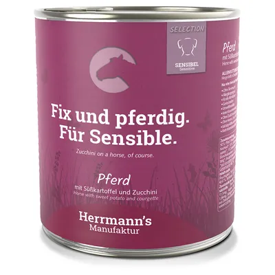 Konzerva Herrmann’s Manufaktur, text: Fix und pferdig. Für Sensible. Pferd mit Süßkartoffel und Zucchini. Selection Sensibel Sensitive. Text v nemčine a angličtine.