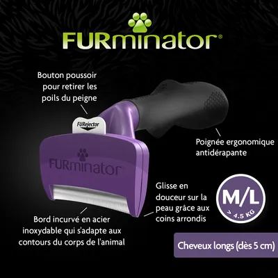 FURminator M/L >4,5 kg pour cheveux longs dès 5 cm, bouton poussoir pour retirer les poils, poignée ergonomique antidérapante, bord incurvé en acier inoxydable, coins arrondis.