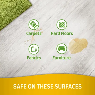 Carpets, Hard Floors, Fabrics, Furniture. SAFE ON THESE SURFACES felirat angolul, zöld ikonokkal különböző felületeken.