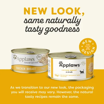 Applaws chicken breast cat food cans showing old and new packaging. Text: New look, same naturally tasty goodness. Packaging may vary but recipes remain the same.