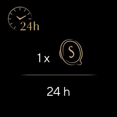 Voedingsadvies: 1x portie S per 24 uur. Klokpictogram met '24h' en tekst '1x S 24h' zichtbaar.