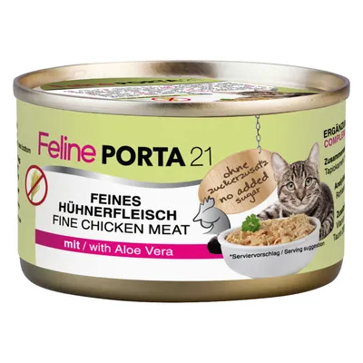 Feline Porta 21 Feines Hühnerfleisch mit Aloe Vera, ohne Zuckerzusatz. Serviervorschlag: Schüssel mit Hühnerfleisch. Ergänzungsfutter für Katzen.