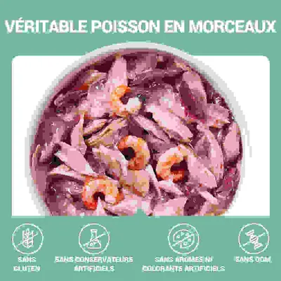 VÉRITABLE POISSON EN MORCEAUX. Sans gluten, sans conservateurs artificiels, sans arômes ni colorants artificiels, sans OGM.