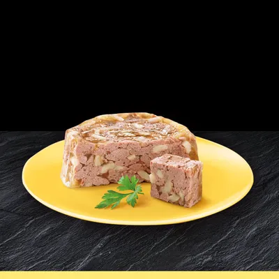 Pâtée pour animaux en forme de terrine, servie sur une assiette jaune avec un morceau découpé et une feuille de persil visible devant.