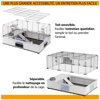 Cage avec toit amovible pour un accès facile et un nettoyage quotidien, séparable pour un nettoyage en profondeur. Présente différentes vues et fonctionnalités de la cage.