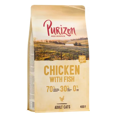 Purizon Chicken with Fish kattenvoer voor volwassen katten, 400 g. 70% kip en vis, 30% fruit/groenten/kruiden, 0% graan. 44% high-quality protein staat op de verpakking.