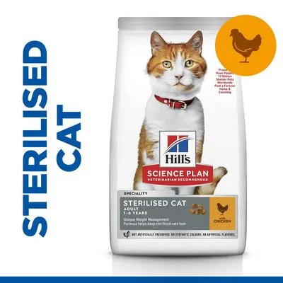 Hill's Science Plan Sterilised Cat Adult 1–6 Years z kurczakiem, opakowanie karmy dla kotów. Widoczny napis: STERILISED CAT.