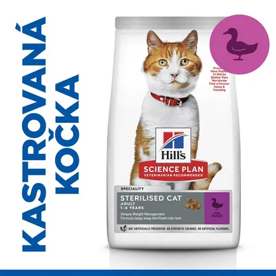 Hill's Science Plan Sterilised Cat Adult 1–6 years s kachnou, krmivo pro kastrované kočky. Text: NOT ARTIFICIALLY PRESERVED. NO SYNTHETIC COLOURS. NO ARTIFICIAL FLAVOURS.