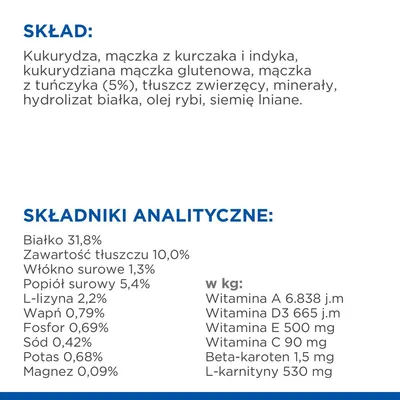 Skład: kukurydza, mączka z kurczaka i indyka, mączka z tuńczyka 5%, tłuszcz zwierzęcy, minerały. Składniki analityczne: białko 31,8%, tłuszcz 10%, włókno 1,3%, witaminy A, D3, E, C.