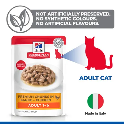 Hill's Science Plan Premium Chunks in Gravy – Chicken, Adult 1-6. Not artificially preserved, no synthetic colourings or flavours. Made in Italy. Hill's Science Plan Premium Chunks in Gravy – Chicken, Adult 1-6. Not artificially preserved, no synthetic colourings or flavours. Made in Italy.