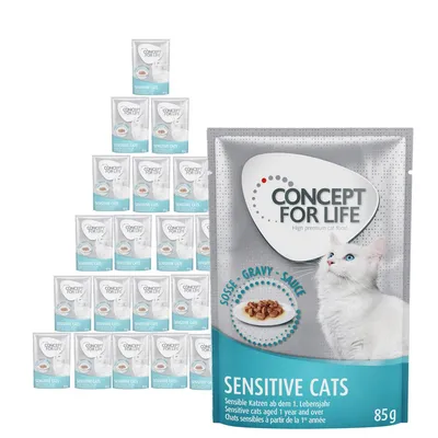 Concept for Life Sensitive Cats wet cat food pouch, 85g, with image of white cat and text: 'Sensitive cats aged 1 year and over', multiple pouches shown in background pyramid.