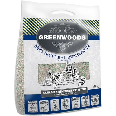 Litière pour chat Greenwoods 100% Natural Bentonite with Zeolite, senteur talc bébé, granulés fins, contrôle des odeurs, sac de 14 kg. Texte en anglais sur l'emballage.