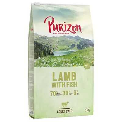 Purizon dry food for adult cats, lamb with fish variety. 70% meat & fish, 30% fruit & vegetables, 0% grain. Pack size: 6.5 kg.