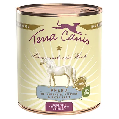 Scatola Terra Canis per cani, gusto cavallo con amaranto, pesca e barbabietola. Testo visibile: '100% Natur', 'Hausmannskost für Hunde', 'Horse with amaranth, peach & beetroot'.