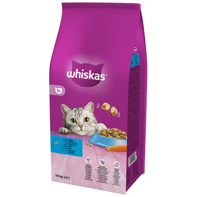 Whiskas dry cat food, 14 kg bag, tuna flavour, for cats aged 1+, purple packaging with image of a grey tabby cat and bowl of kibble. Visible text: 'whiskas', 'TUNA', '14 kg'.