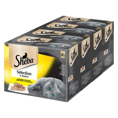 Опаковка Sheba Selection in Sauce, 12 x 85 г паучове за котки, вариация с птиче месо. Видими са марката и изображение на сива котка.