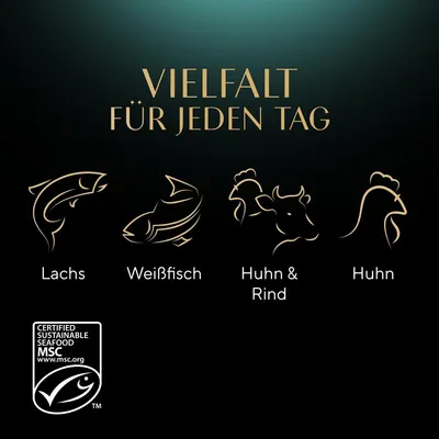 Texte en allemand : Vielfalt für jeden Tag. Lachs, Weißfisch, Huhn & Rind, Huhn. Label Certified Sustainable Seafood MSC www.msc.org.